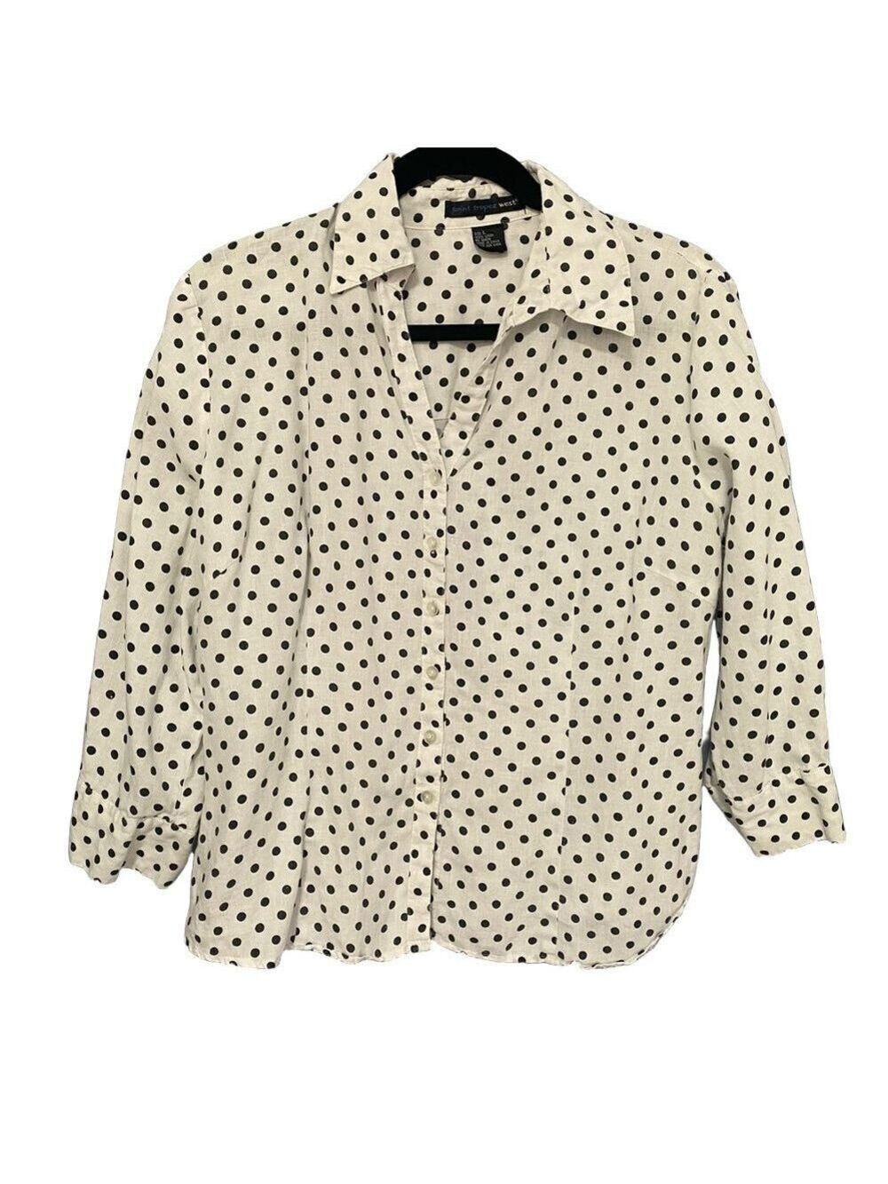 Saint Tropez West White Linen Polka Dot Button-Down Top Size Large - Picture 2 of 7